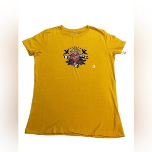 Aeropostale Heart Graphic Crew Neck Tee Fuzzy Flocked Text Yellow Womens size XL